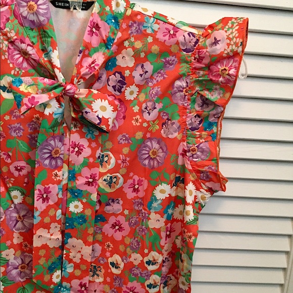 🌸NWOT Orange Floral Silk Bow Tie Ruffle Top (M)🌸 - Picture 5 of 14